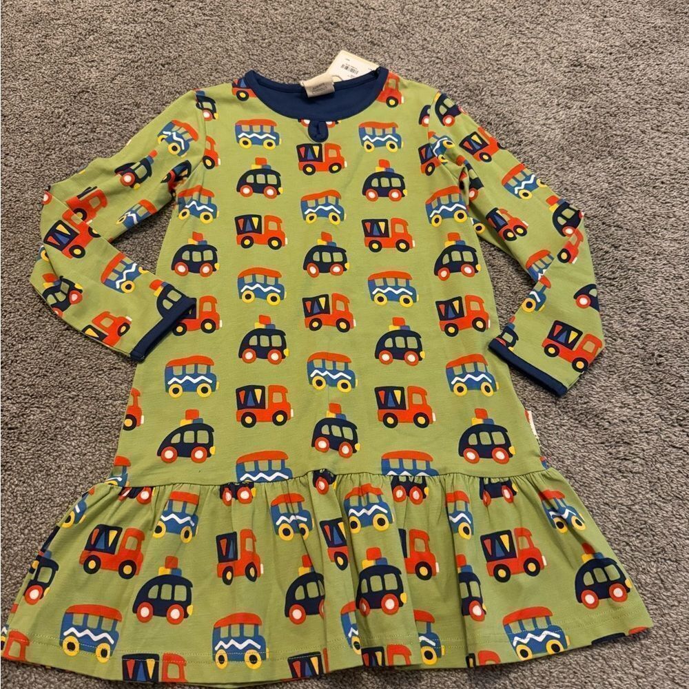 Maxomorra Green Colorful Car Print Dress Sz 110/116cm